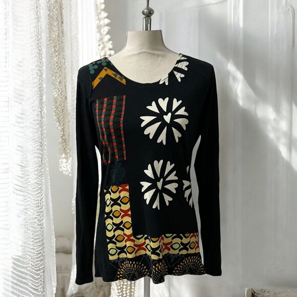 Desigual Artsy Spainish Long Sleeve Black Knit Top With Floral & Geometric Print - Picture 1 of 7